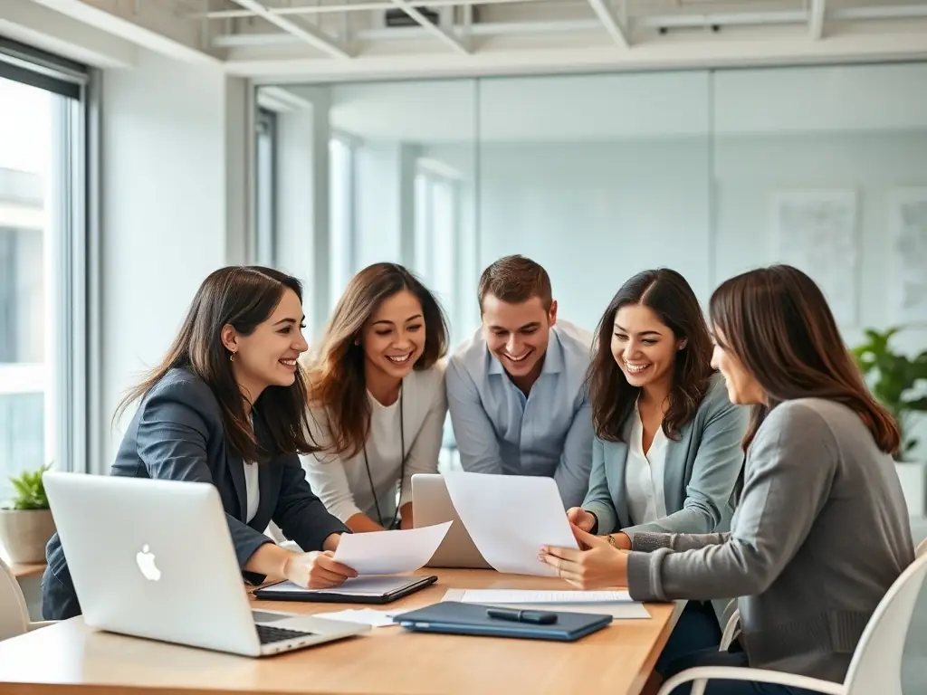 Professionals from various sectors collaborating in a modern office.