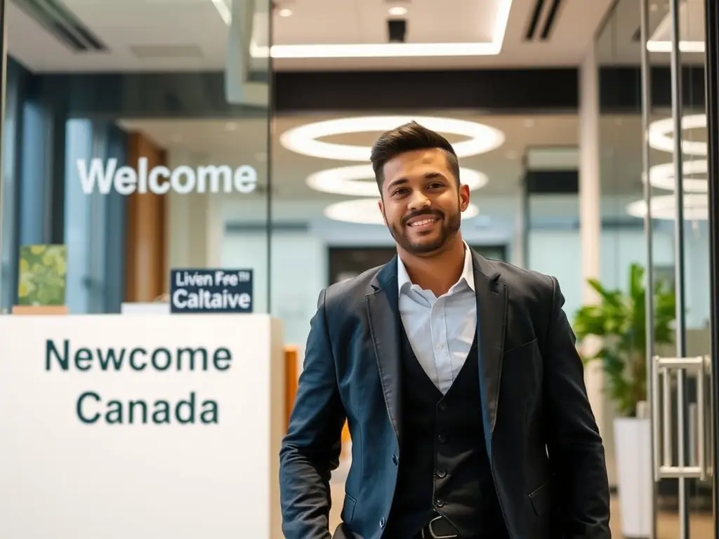 A newcomer confidently entering a workplace.