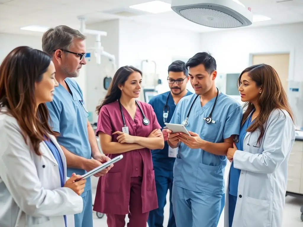 Healthcare professionals collaborating in a modern hospital.